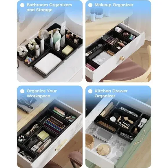 25 PCS Plastic Drawer Organizers Set, 4-Sizes Vanity and Makeup Organizer, BLACK - Picture 7 of 7
